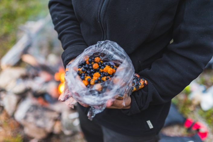 Cloudberries and bilberries on pancakes