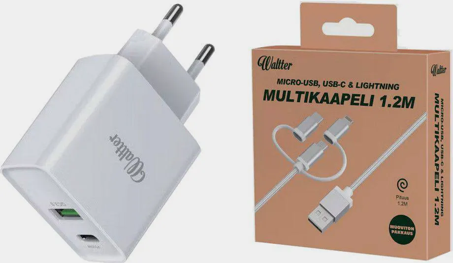 Waltter Eco-laturi PD20W + Qc3.0 ja Eco-multikaapeli 1,2m 01