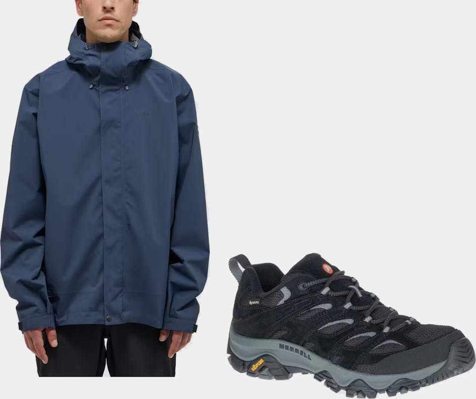 Merrell Men's Moab 3 GTX & Haglöfs Breeze Proof Jacket Musta 01