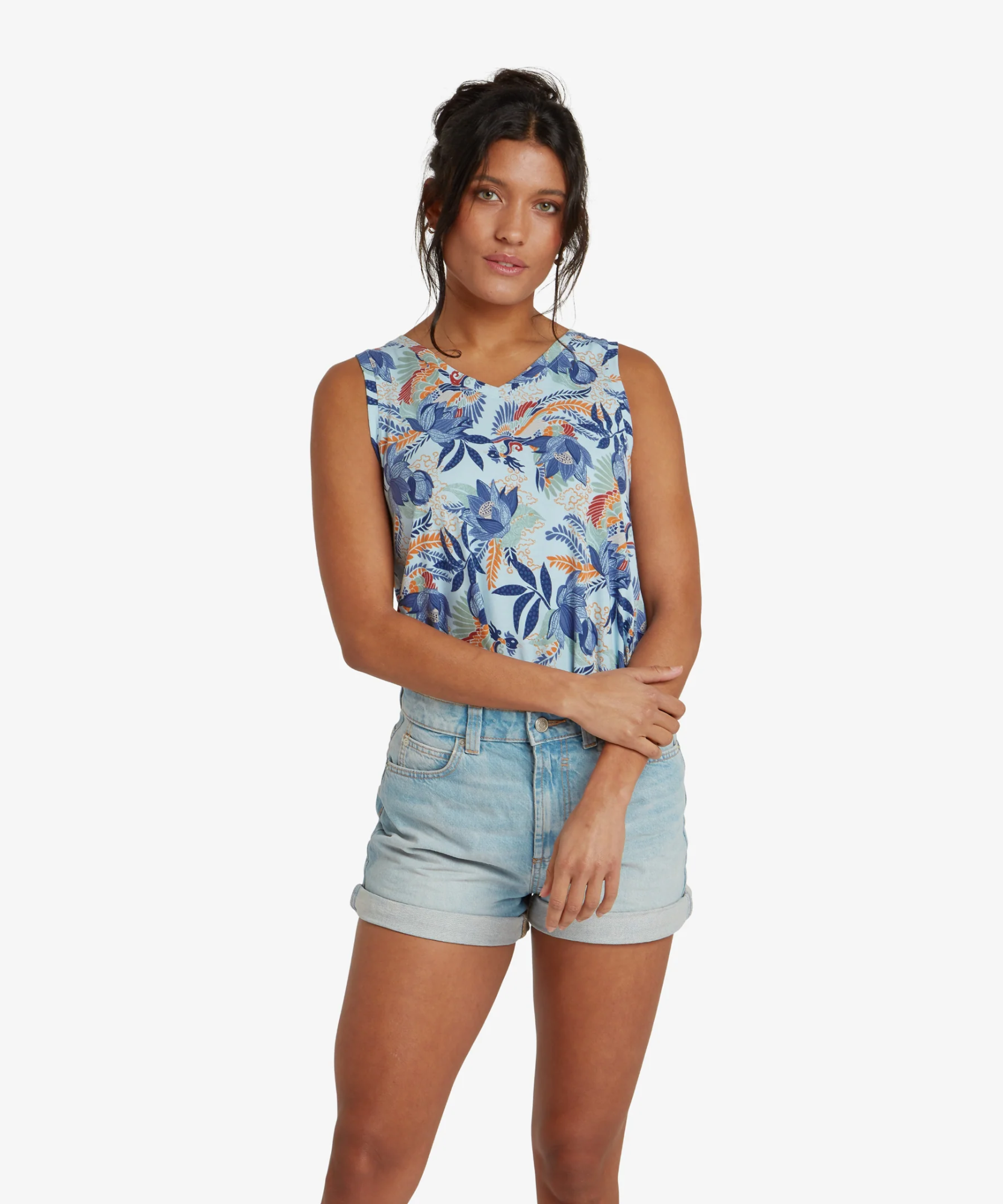 Sherpa Women's Neha V-neck Tank Seaport Blue Peacock 02