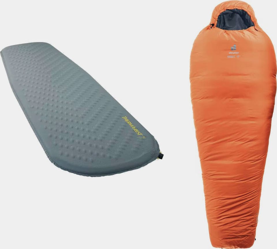 Thermarest 3 vuodenajan makuupussi ja makuualusta alle 175 cm nukkujalle 01