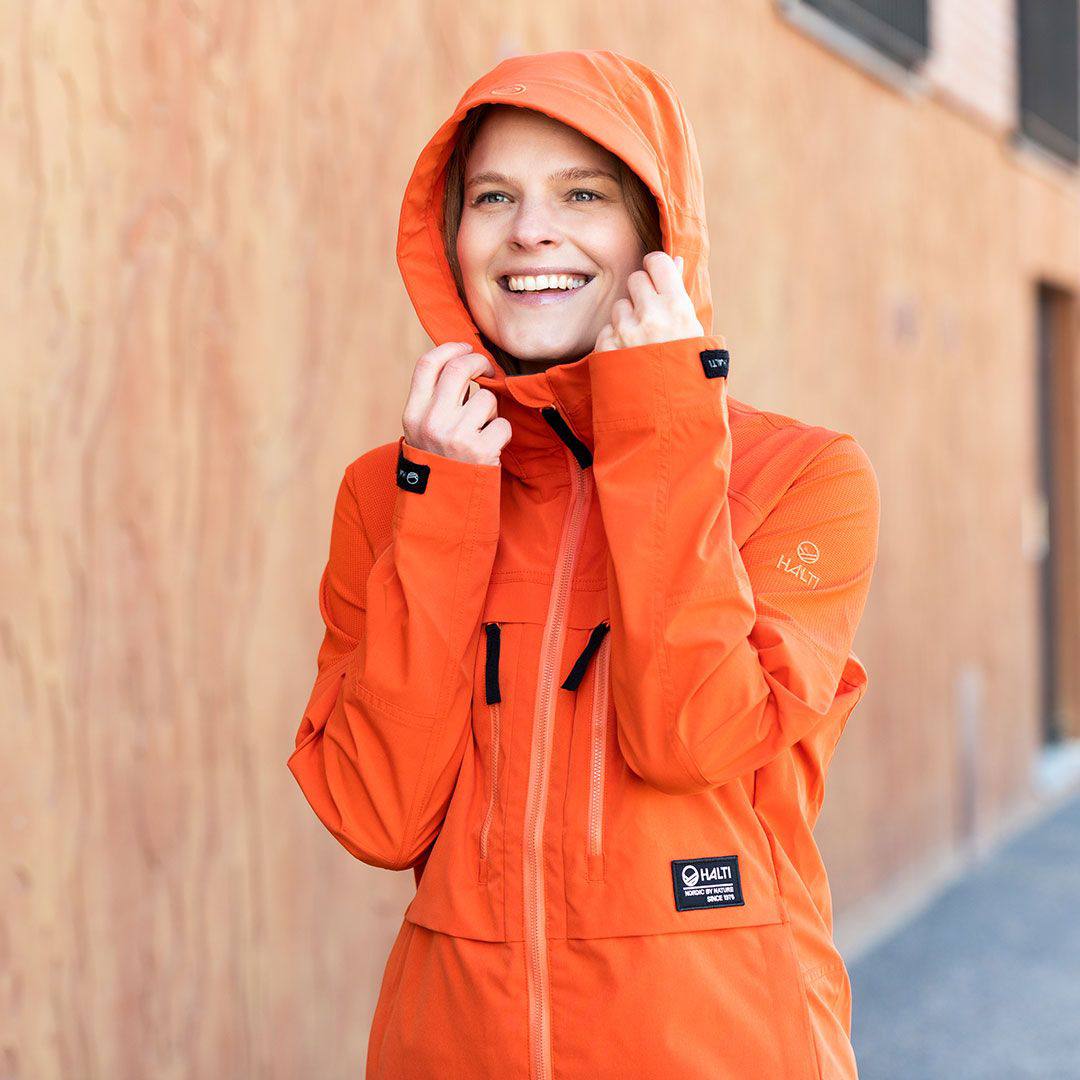 HUNT☆Women's Travel Packable Jacket - Orange Flair Women's rain jacket and windbreaker in florescent orange