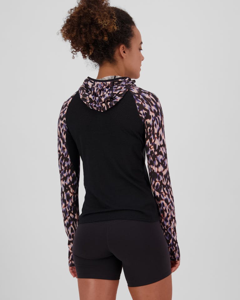 Mons Royale Women's Bella Merino Long Sleeve Hood Rock leopard / black 02