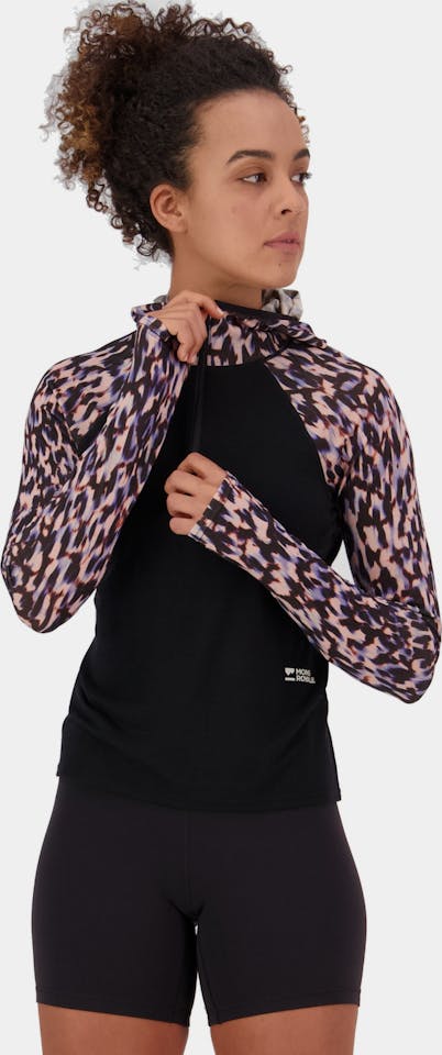Mons Royale Women's Bella Merino Long Sleeve Hood Rock leopard / black 01
