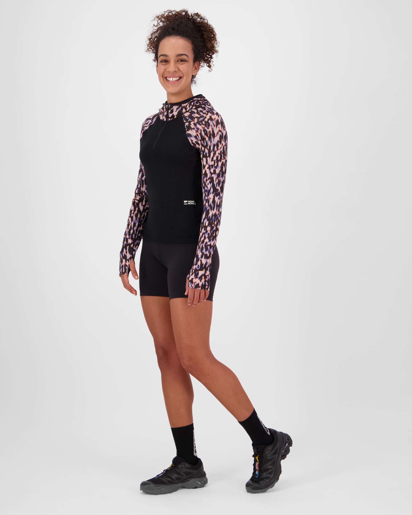 Mons Royale Women's Bella Merino Long Sleeve Hood Rock leopard / black 03