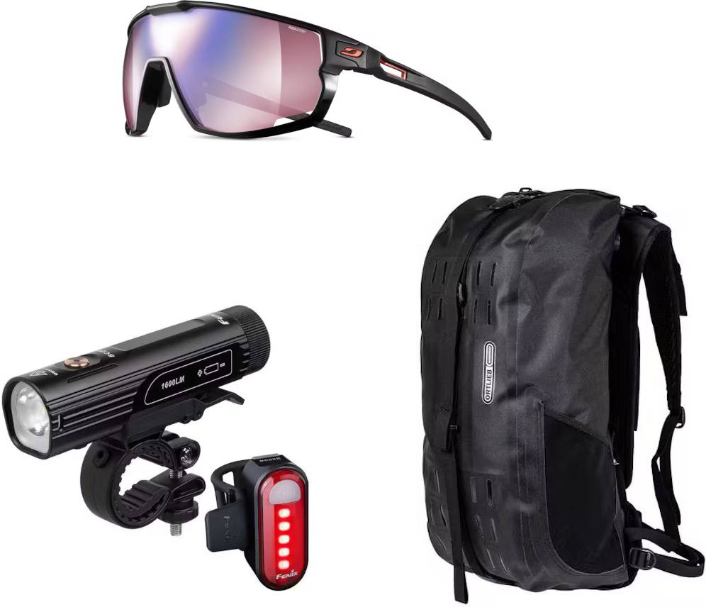 Julbo Rush Black RV 1-3, Ortlieb Atrack CR 25L, Fenix BC26R + BC05R v2.0