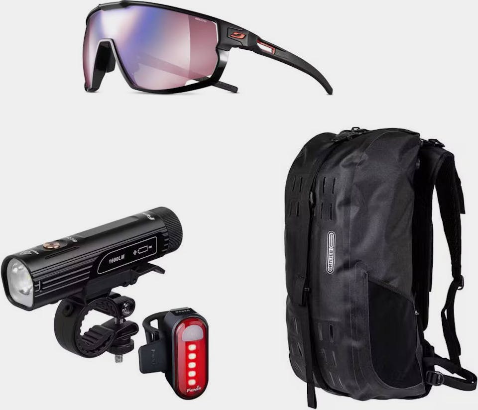 Julbo Rush Black RV 1-3, Ortlieb Atrack CR 25L, Fenix BC26R + BC05R v2.0 Musta 04