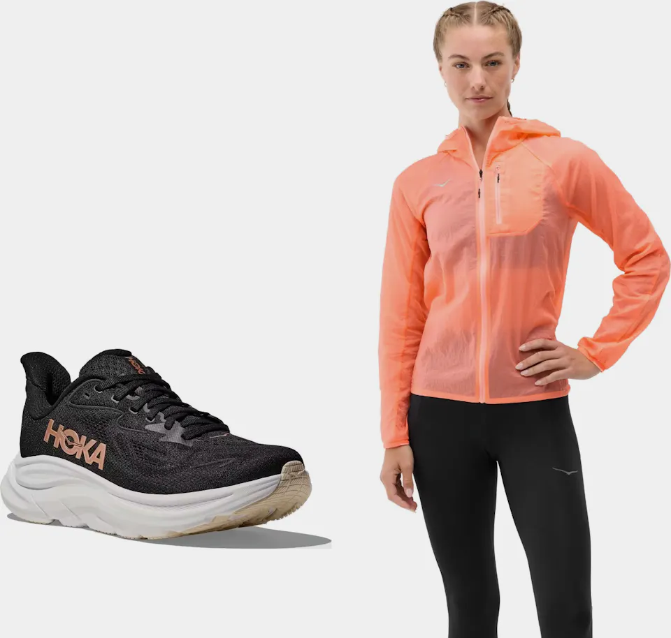 Hoka Women's Clifton 10 & Skyflow Jacket Musta/Rose 01